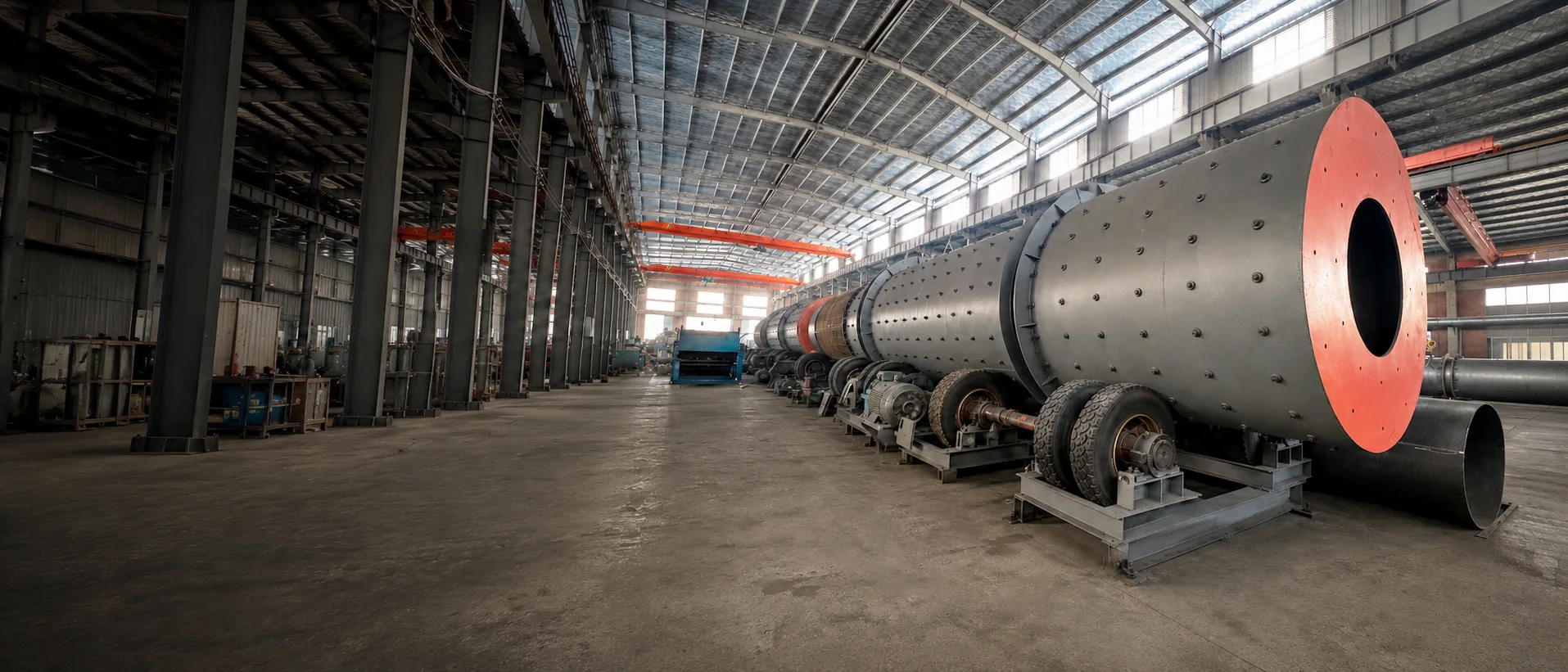 Large rotary mineral processing equipment inside the Jiangxi workshop